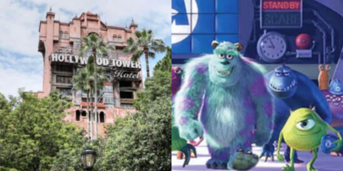 split image of disney's Hollywood Tower of Terror on the left and Sulley and Mike in 'Monsters Inc.' film on the right