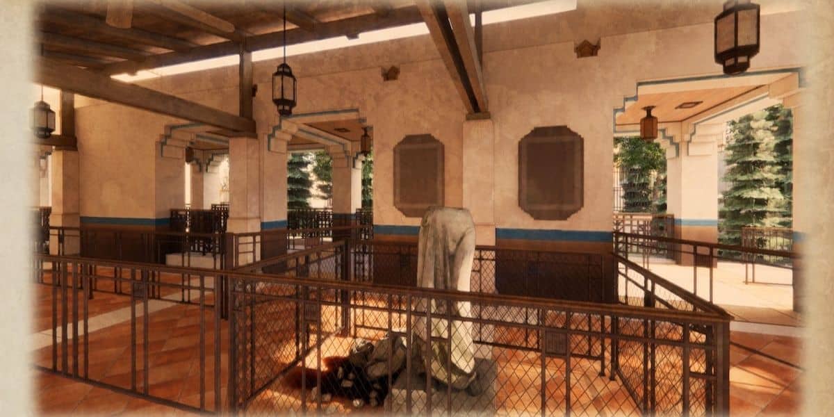 Animated walking pants appear in a whimsical, lantern-lit courtyard, inviting guests to explore the fun-filled attraction.