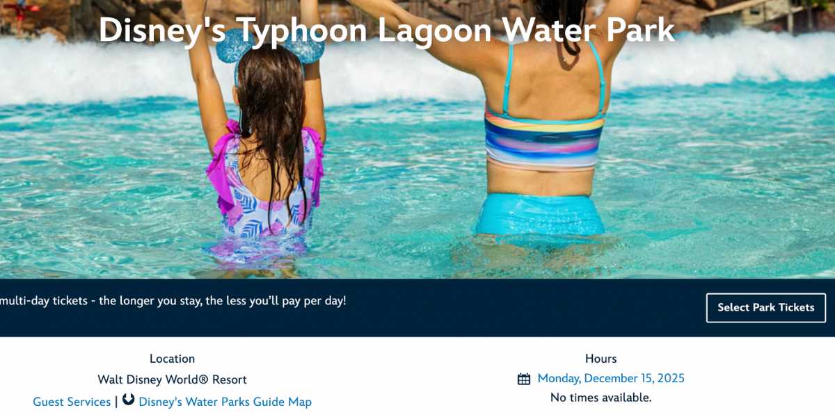 Screenshot of Typhoon Lagoon Water Park showing "No Times Available" on Monday, December 15