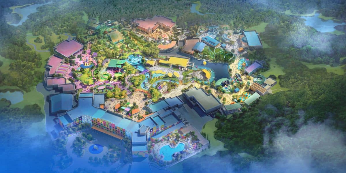 an aerial view of concept art for Universal's Kids Resort theme park in Texas