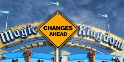 A "CHANGES AHEAD" sign stands in front of the iconic Magic Kingdom entrance, hinting at new experiences on the horizon or perhaps the warning of multiple closures rumored for Frontierland.