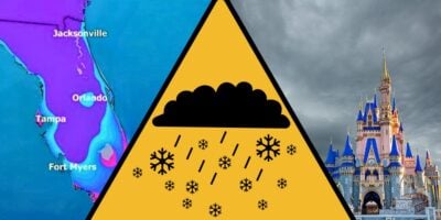 A Florida weather map, a snowy warning sign, and Cinderella Castle beneath overcast skies at Walt Disney World. Disney World extreme cold weather alert