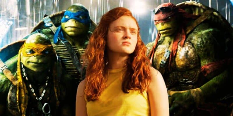 Mixed image: Background - the Teenage Mutant Ninja Turtles from the Michael Bay reboots, Foreground - Sadie Sink as Max Mayfield in 'Stranger Things' Season 3
