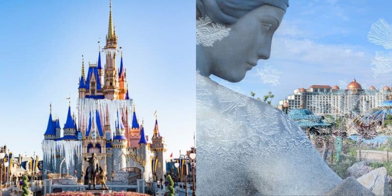 Cinderella Castle at Walt Disney World Resort; right: closeup of iconic park statue with themed buildings and blue sky behind also at Epic Universe at Universal Orlando Resort.