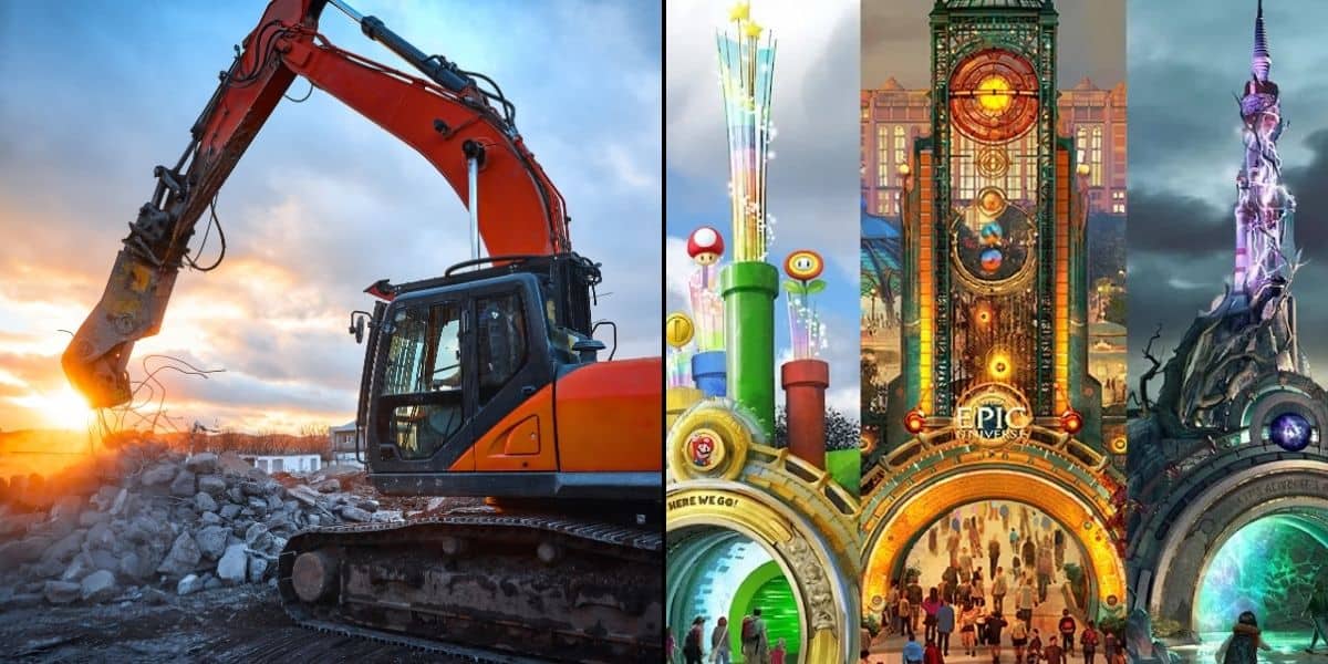 A digger clears debris at sunset near the dazzling, futuristic entrance to Epic Universe, a Universal Orlando theme park.