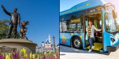 Walt Disney and Mickey Mouse statue near Disneyland, as a guest steps off a blue Anaheim public bus ready for park adventures. Disneyland transportation system shutting down