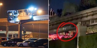 Left: Disneyland Monorail at this Disney park paused on elevated track at night. Right: Guest highlighted, walking along monorail track in darkness with guests evacuating the area.