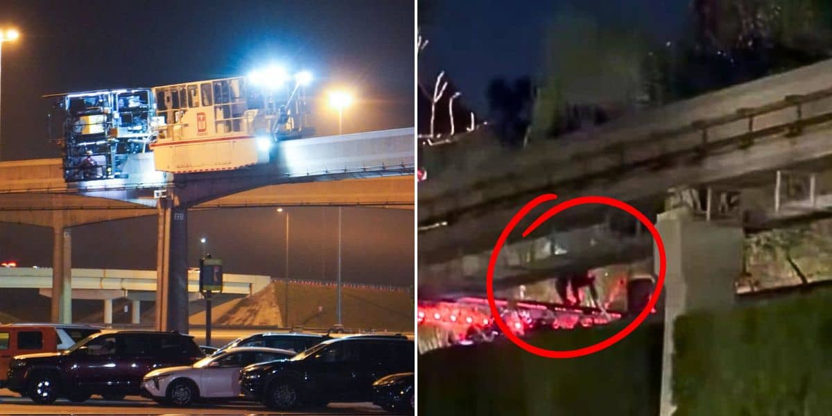 Left: Disneyland Monorail at this Disney park paused on elevated track at night. Right: Guest highlighted, walking along monorail track in darkness with guests evacuating the area.