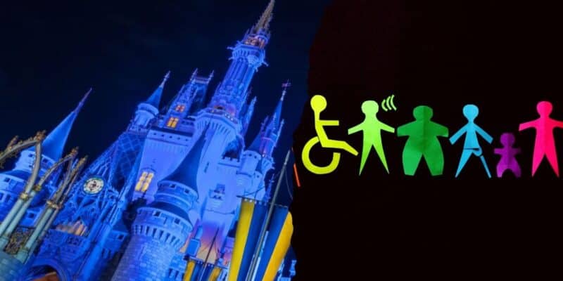 Cinderella Castle glowing blue with icons of diverse guests, including a wheelchair user, on a sleek black background at Disney World as a young guest is denied the Disability Access Program.