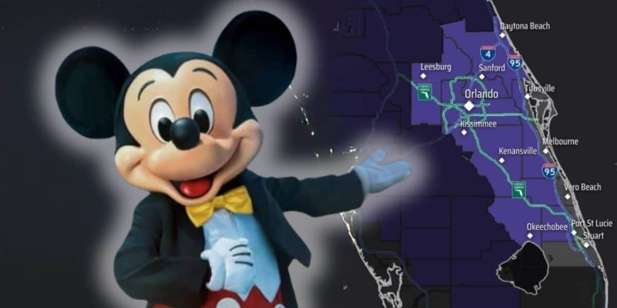 Mickey Mouse excitedly points to a map of central Florida, spotlighting the Orlando home of Walt Disney World Resort, as a Freeze Warning is now in effect for the entire area, disrupting vacation plans.