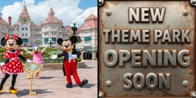 Mickey, Minnie, and Daisy smile for fans a a new Disneyland park is set to open in 2026; a sign announces, "New Theme Park Opening Soon.