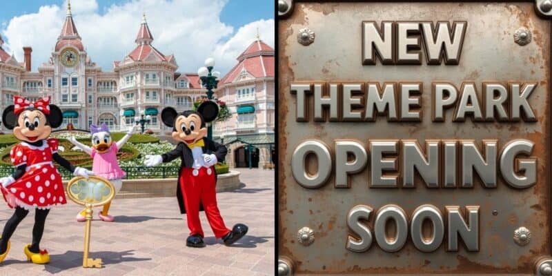 Mickey, Minnie, and Daisy smile for fans a a new Disneyland park is set to open in 2026; a sign announces, "New Theme Park Opening Soon.