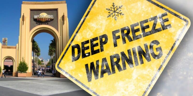 A Deep Freeze Warning alert appears above the iconic entrance of Universal Studios Florida, hinting at chilly thrills inside the park. Central Florida theme park closures due to extreme cold