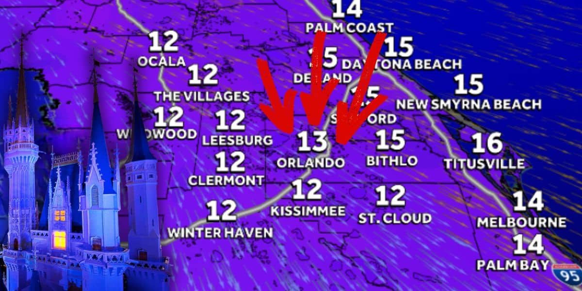 Weather map of central Florida theme parks; red arrows show 13 mph winds near Orlando, Cinderella Castle on the left as cold weather threatens Disney World closures.
