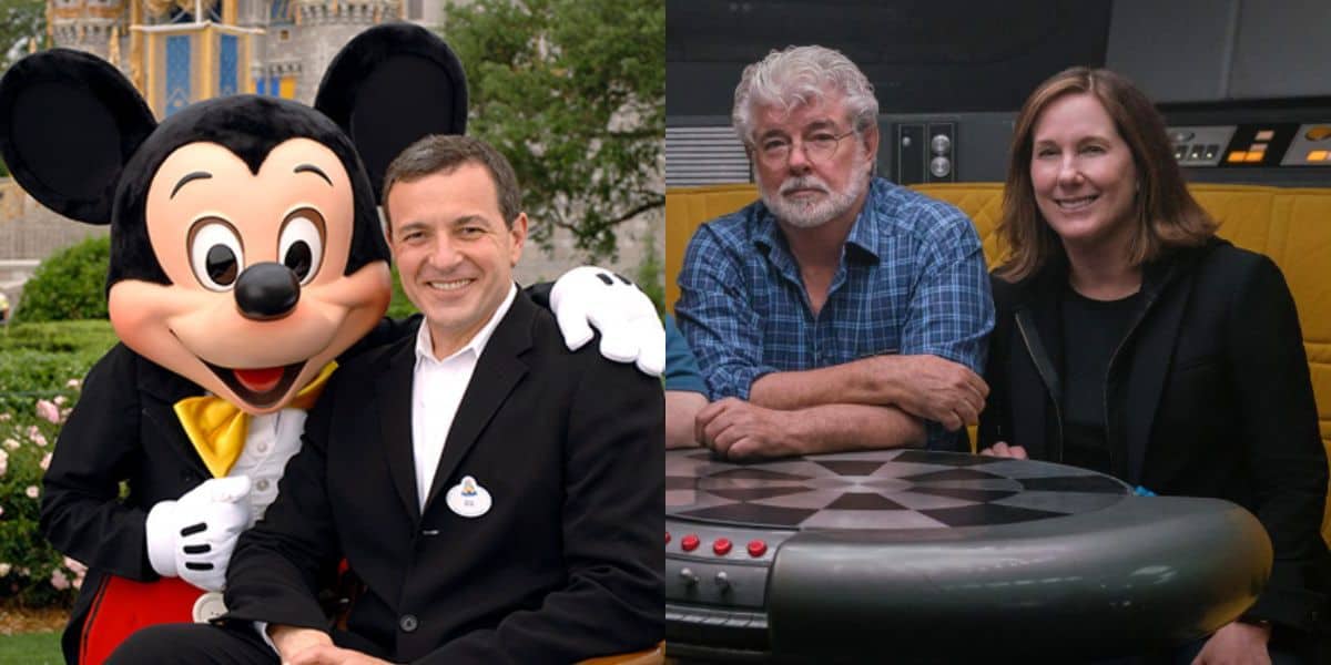 Left: Mickey Mouse with Bob Iger. Right: George Lucas with Kathleen Kennedy.