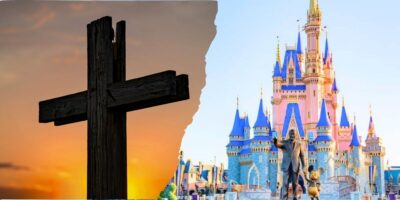 Left: A wooden cross at sunset. Right: Cinderella Castle at Magic Kingdom Park during the day.
