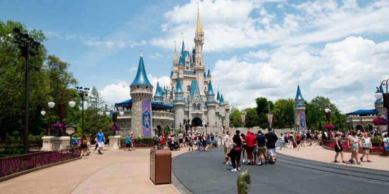 Guests walking up to Cinderella Castle at Magic Kingdom Park.