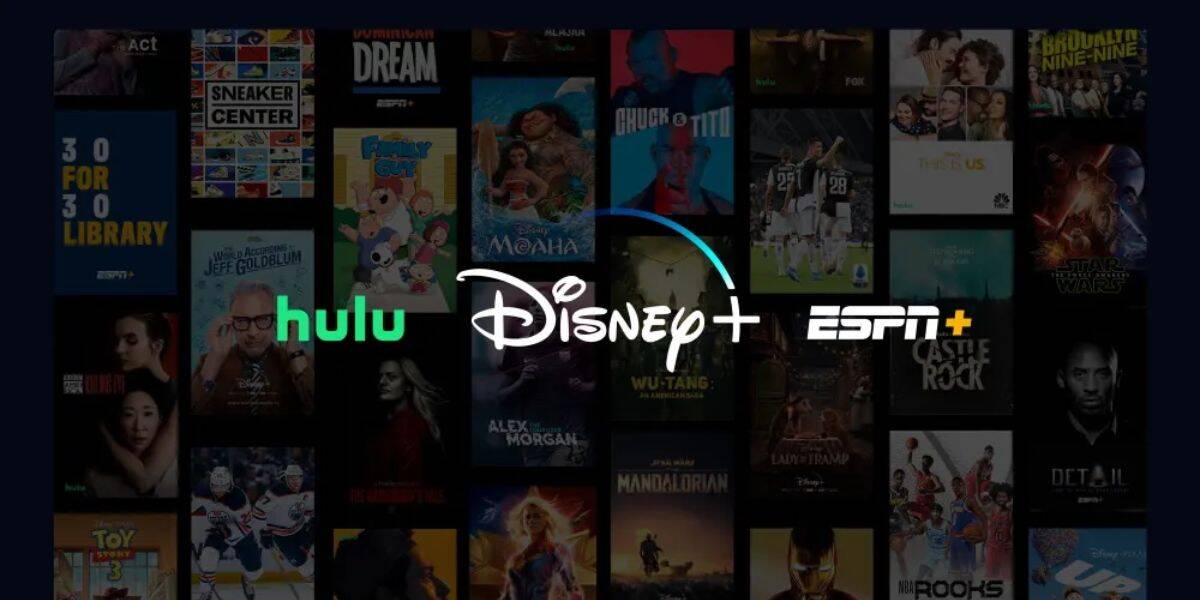Hulu, Disney+, and ESPN+ logos set against a collage of fan-favorite movies and shows