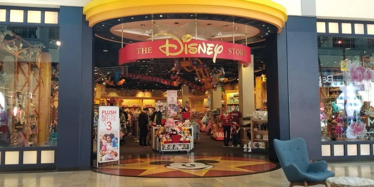 A classic, movie-style Disney Store entrance in a mall