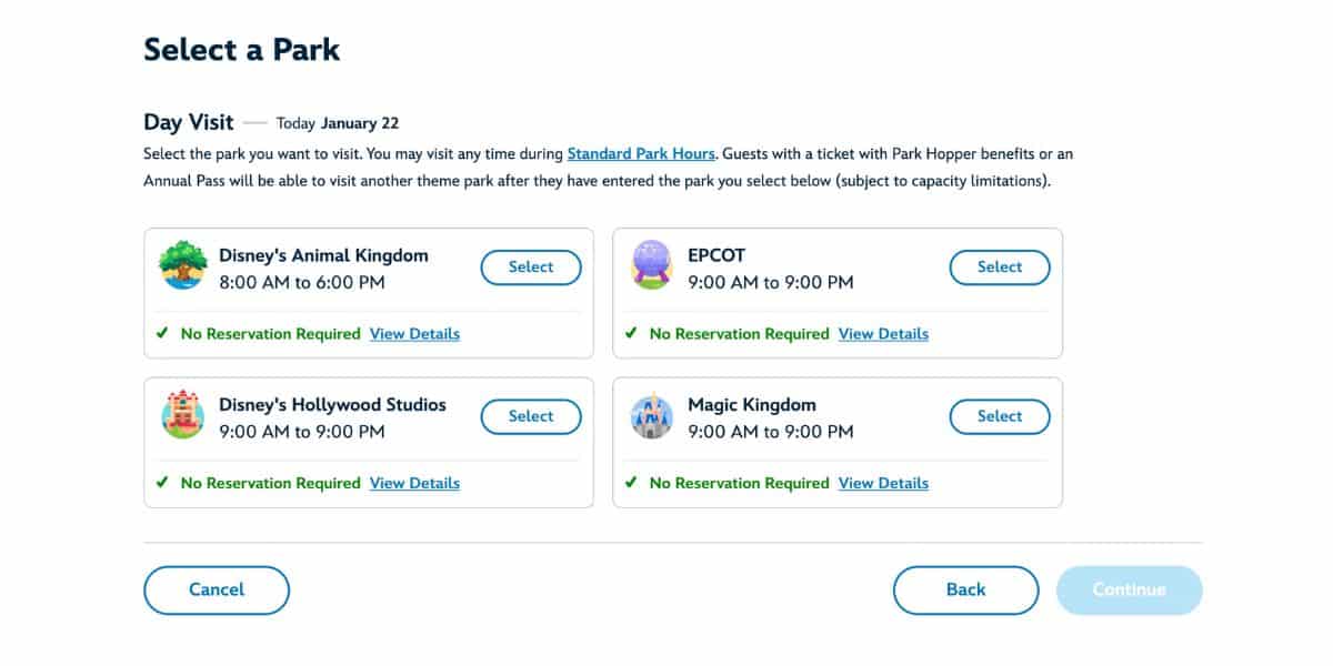 Theme Parks selection screen for Disney fans shows park names, hours, and "Select" buttons for planning your magical visit.