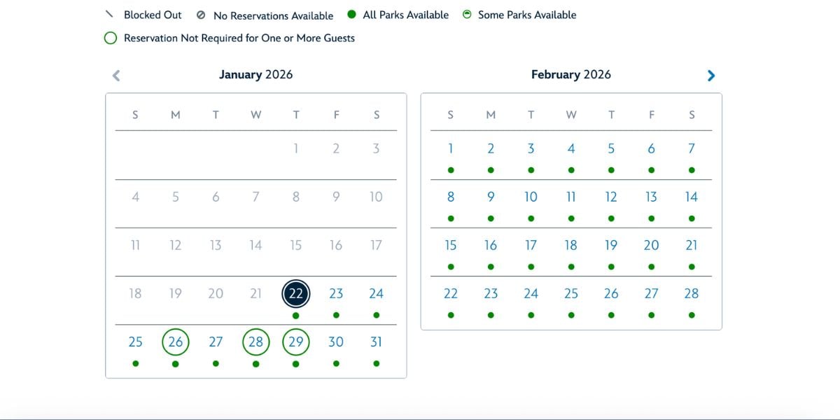 Disney parks' January-February 2026 reservation calendar shows most dates open for full theme park visits and guest access.