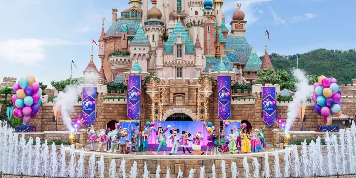 Mickey, Minnie, and friends on castle stage at Hong Kong Disneyland