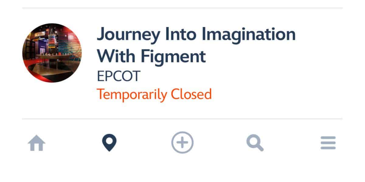 Journey Into Imagination With Figment at EPCOT is shown as temporarily closed on the Disney app.