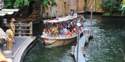 A Jungle Cruise boat approached the unloading platform at Disneyland.