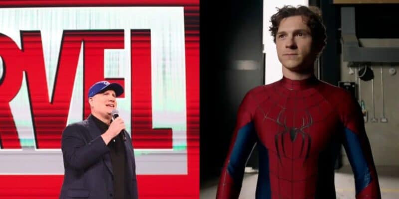 Kevin Feige on stage at a Marvel event (left), Tom Holland as Spider-Man (right)