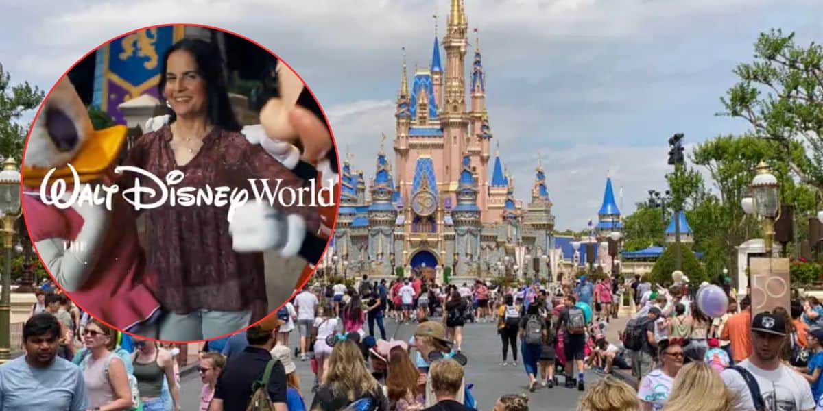 Guests stream toward Cinderella Castle at Disney World; inset shows a cheerful visitor and bold "Walt Disney World" text.