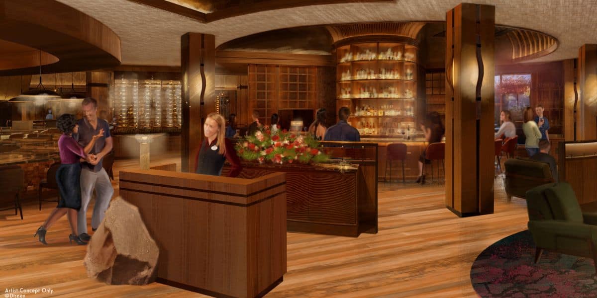 Upscale restaurant lobby with families dining, bar buzzing in the background, and immersive themed lighting throughout.