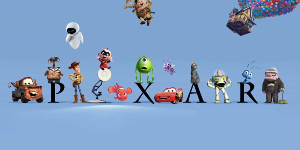 Pixar logo surrounded by characters from Toy Story, Up, Cars, Wall-E, Finding Nemo, and more.
