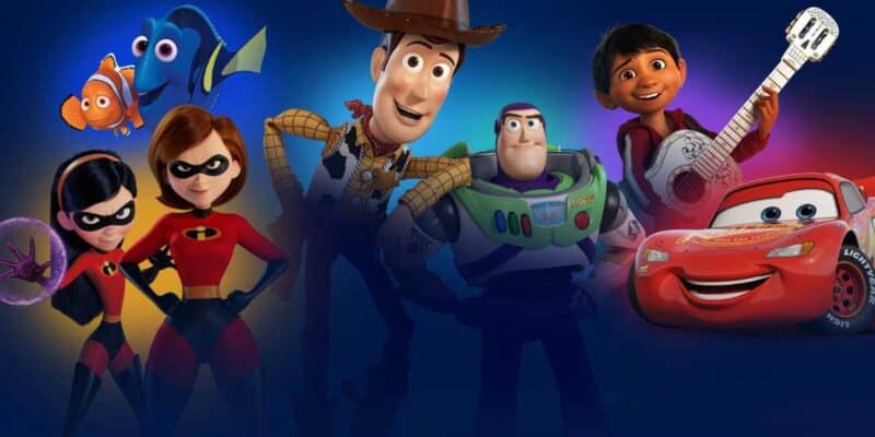 An assortment of Pixar characters, with Woody and Buzz in the centre