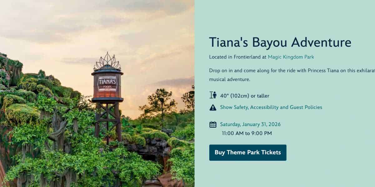 The landing page for Tiana's Bayou Adventure on the Disney World website