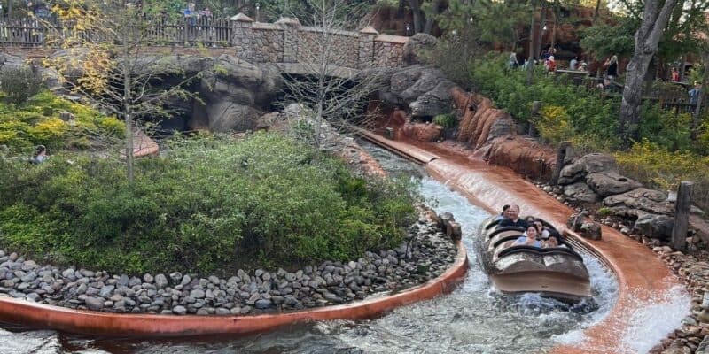 Guests right after the drop on Tiana's Bayou Adventure at Magic Kingdom