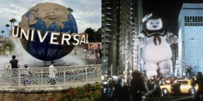 split image: on the left, Universal Orlando Resort spinning globe. on the right, ghostbusters (1984) Marshmallow Puft Man
