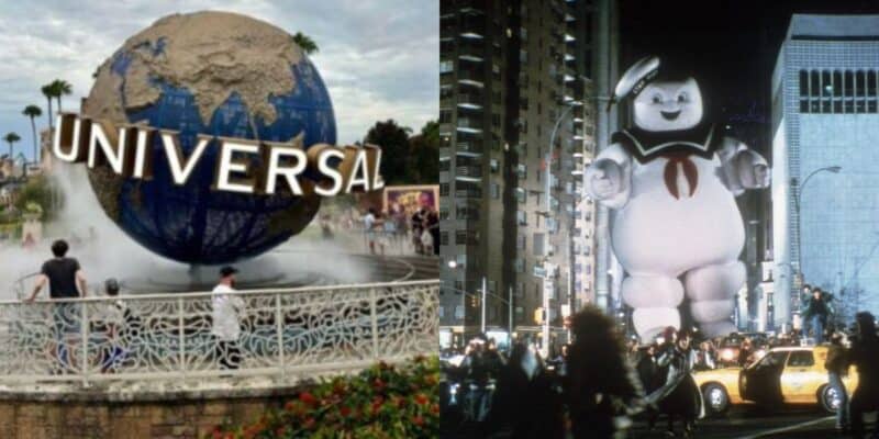 split image: on the left, Universal Orlando Resort spinning globe. on the right, ghostbusters (1984) Marshmallow Puft Man