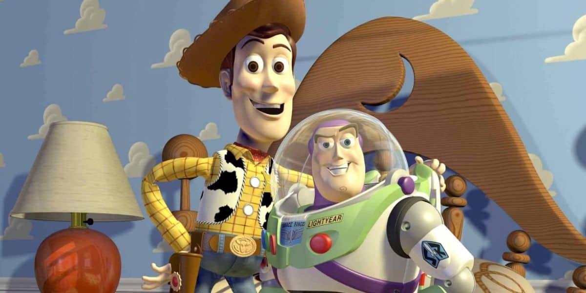 Woody and Buzz in 'Toy Story' (1995) with Woody's arm wrapped around Buzz