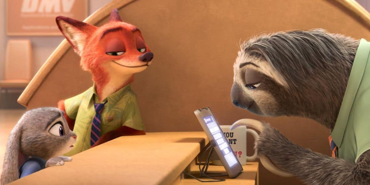 Nick Wilde, Judy Hopps, and Flash the sloth at the DMV in 'Zootopia' movie