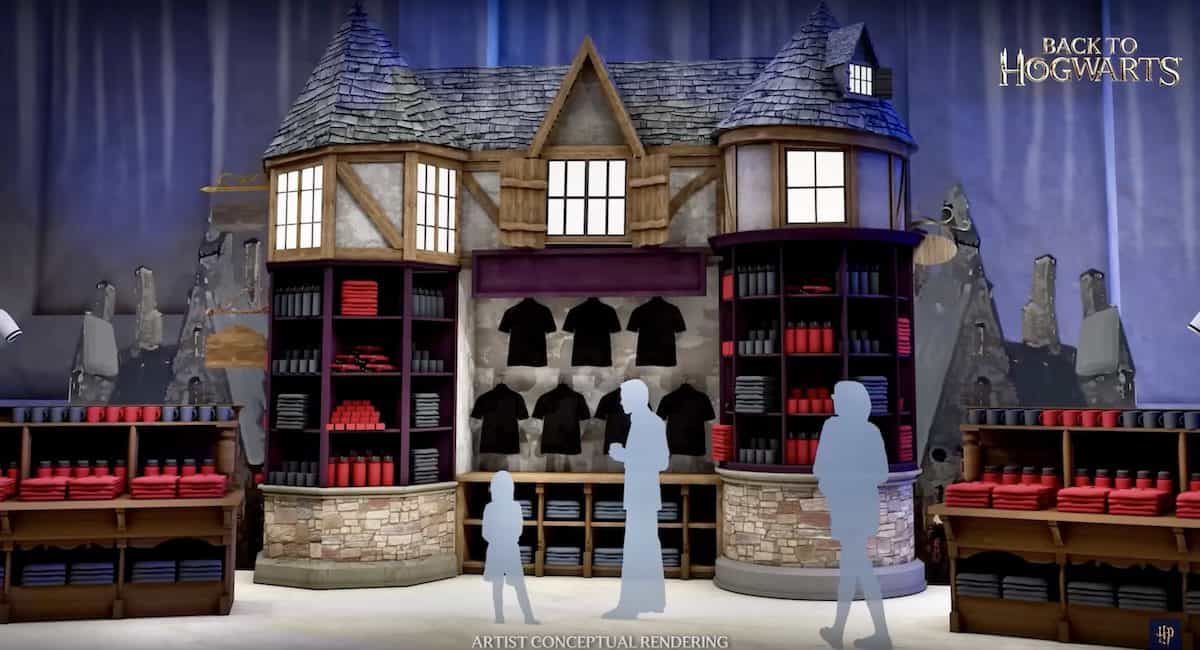 Concept art of a Harry Potter shop at The Wizarding World with shelves of robes and three guests browsing inside.