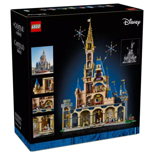 Back of the LEGO Disney Castle box featuring park-inspired castle scenes, magical interiors, and classic Disney character minifigures.