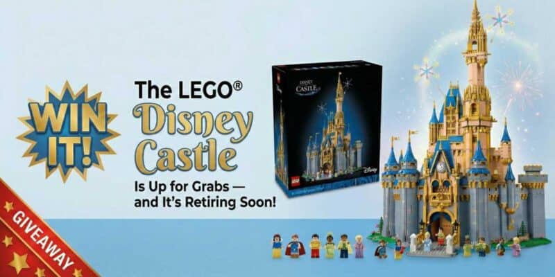 Enter for a chance to win the retiring LEGO Disney Castle set, with classic Disney minifigures on a bold blue backdrop.