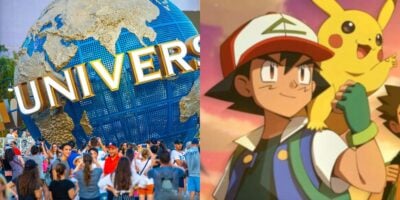 split image: on the left, universal's iconic spinning globe. on the right, ash and pikachu