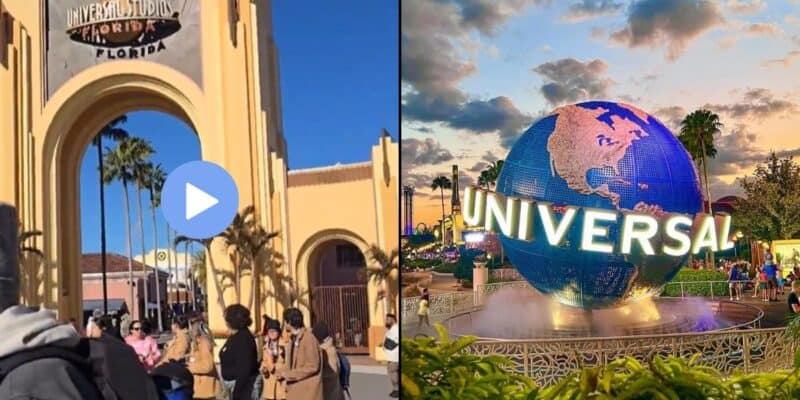 Split image: Universal Studios Florida grand entrance on the left, spinning Universal globe landmark on the right. Universal Studios Florida delayed opening