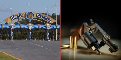 Side-by-side image: Magic Kingdom entrance on the left; firearm and bullets displayed on a table on the right. Disney World Saratoga Springs gun incident.