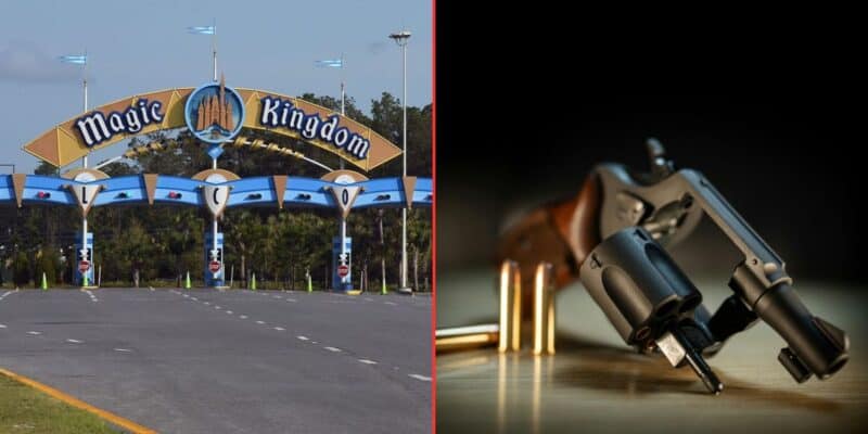 Side-by-side image: Magic Kingdom entrance on the left; firearm and bullets displayed on a table on the right. Disney World Saratoga Springs gun incident.