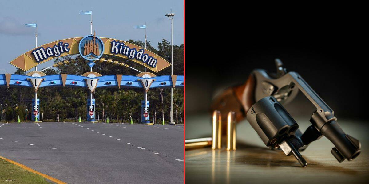 Side-by-side image: Magic Kingdom entrance on the left; firearm and bullets displayed on a table on the right. Disney World Saratoga Springs gun incident.