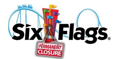 Six Flags logo with a "Permanent Closure" sign, iconic coaster silhouettes in the background, marking the park's farewell.