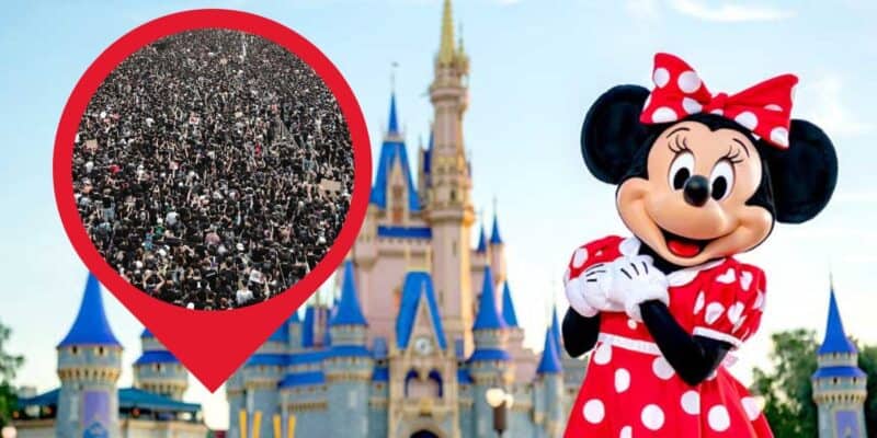 Minnie Mouse greeting visitors at Disney, map marker highlights a bustling crowd gathered in front of the iconic castle. Disney World Youth Flag Football World Championships coming soon.