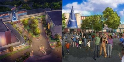 Left: aerial view of a Disney animation studio; right: fans gather by the iconic Sorcerer Hat amid buzz about new park expansions.